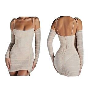 NEW Oh Polly dress Amiens Tie Mesh Mini Dress sand tie corset long sleeve size 2